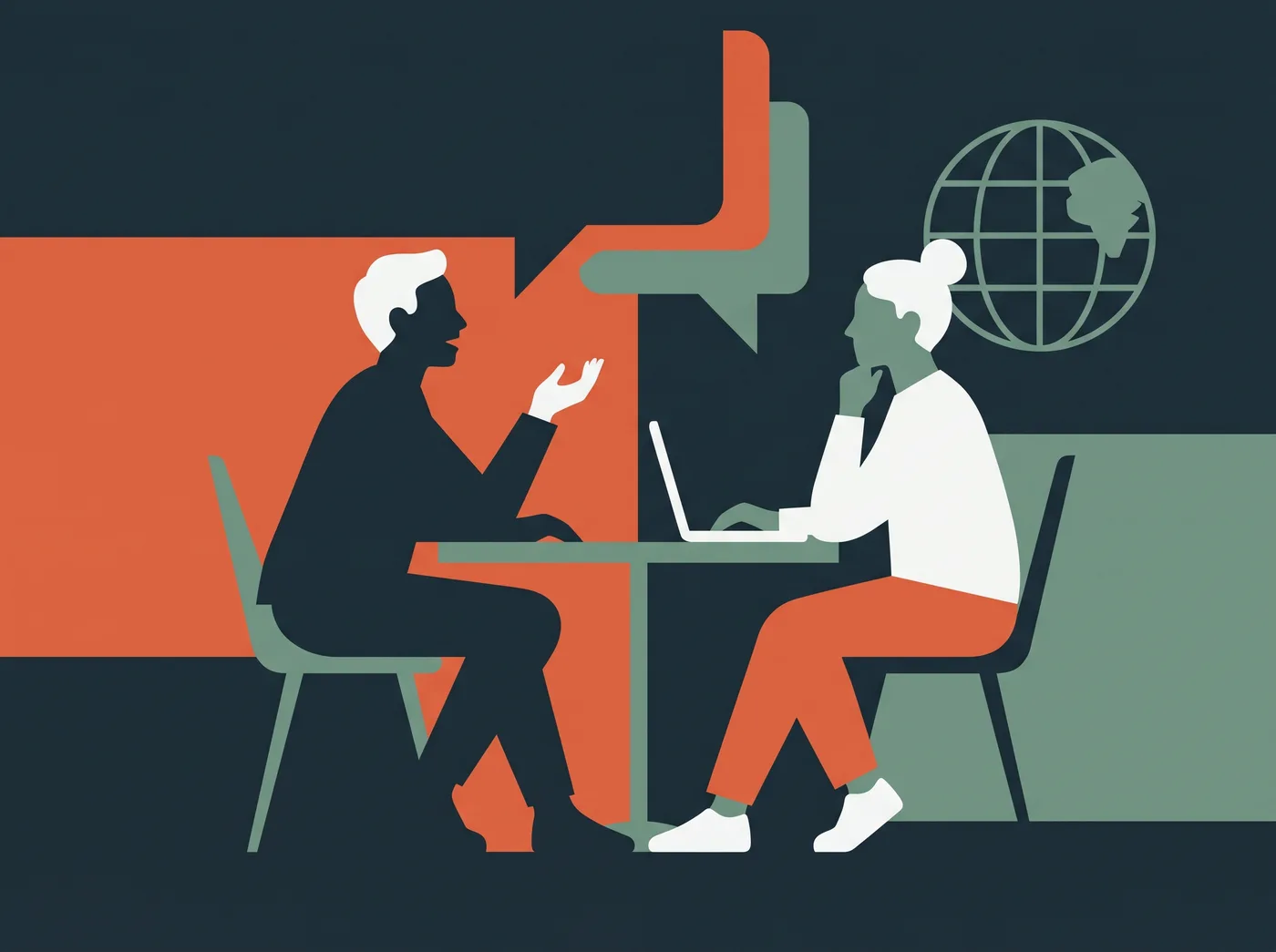 Illustration of two people in conversation across a table, one gesturing while speaking and the other listening with a laptop open, with a speech-bubble and globe motif in the background